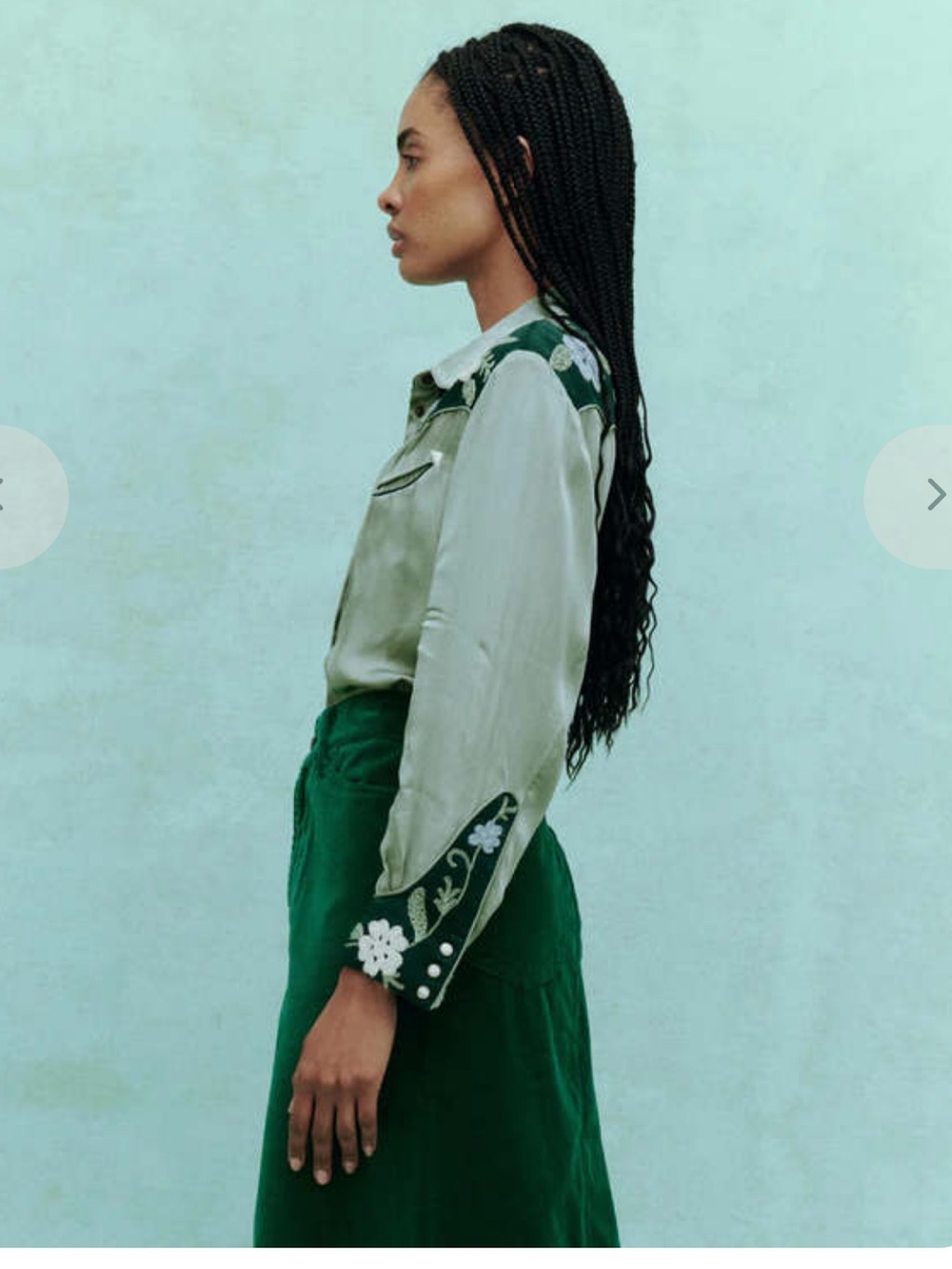 THE GREAT. Sage Green Satin Embroidered Western Heritage Shirt in Dried Sage - Picture 6 of 14